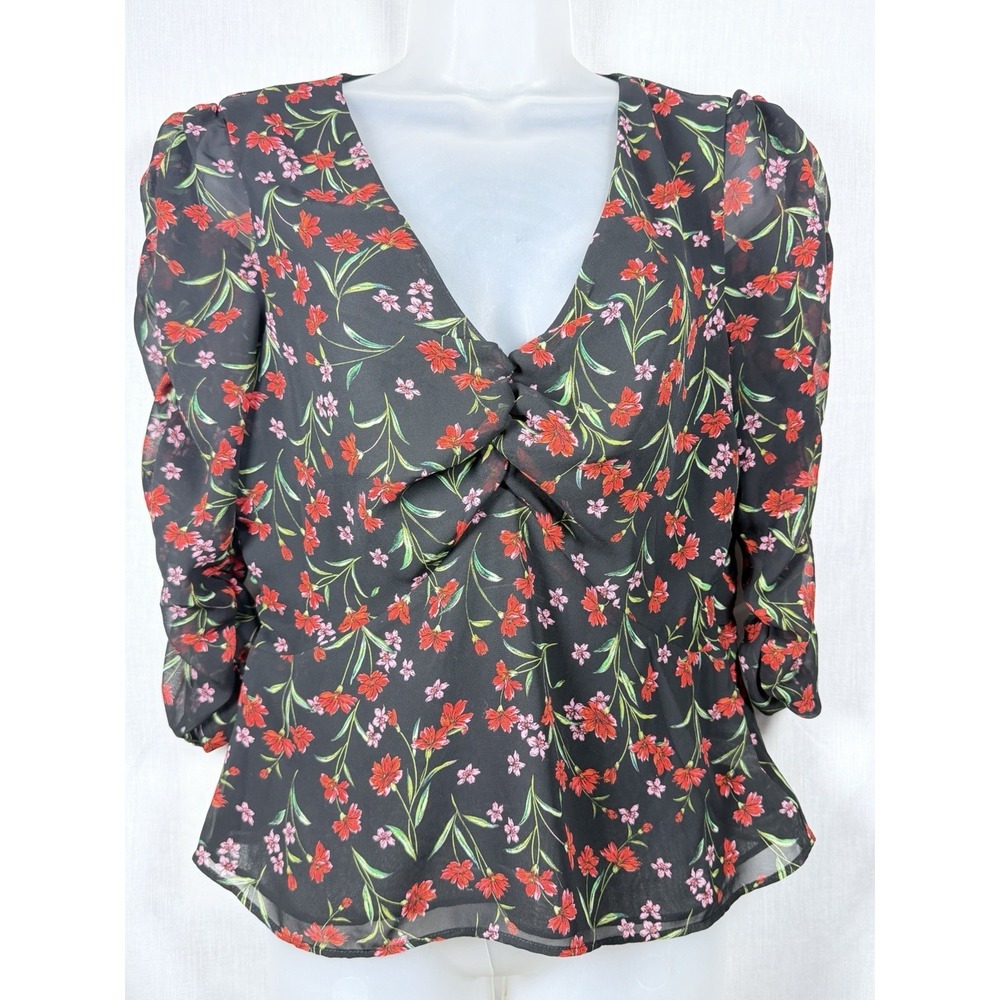 Banana Republic Floral Twist Front Blouse M Ruched Puff Sleeve Sheer Romantic